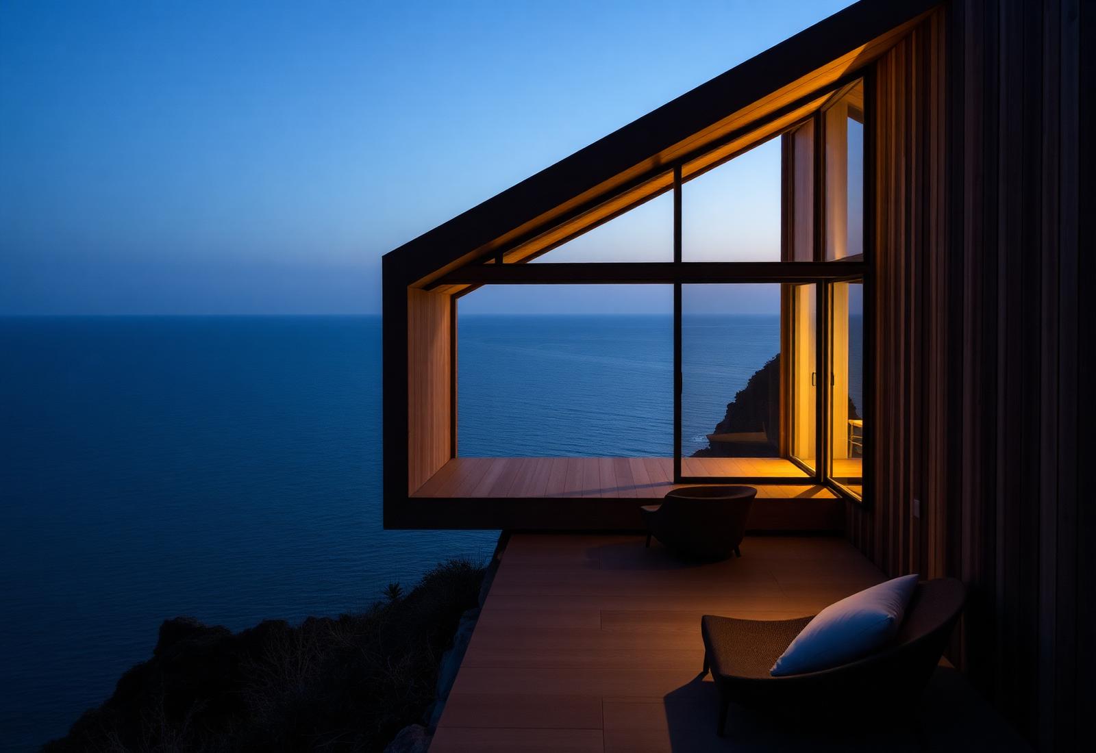 Modern cliffside cabin overlooking the Pacific at dusk