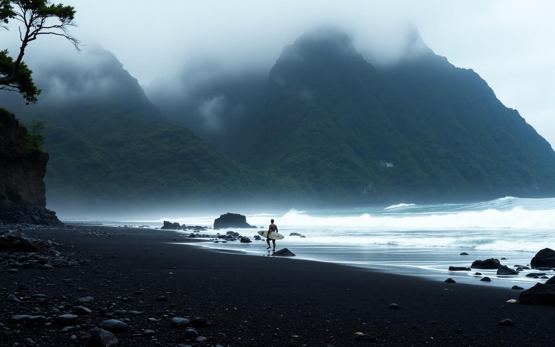A surfer walking along a black-sand beach with green mountains rising into mist on Taiwan's East Coast