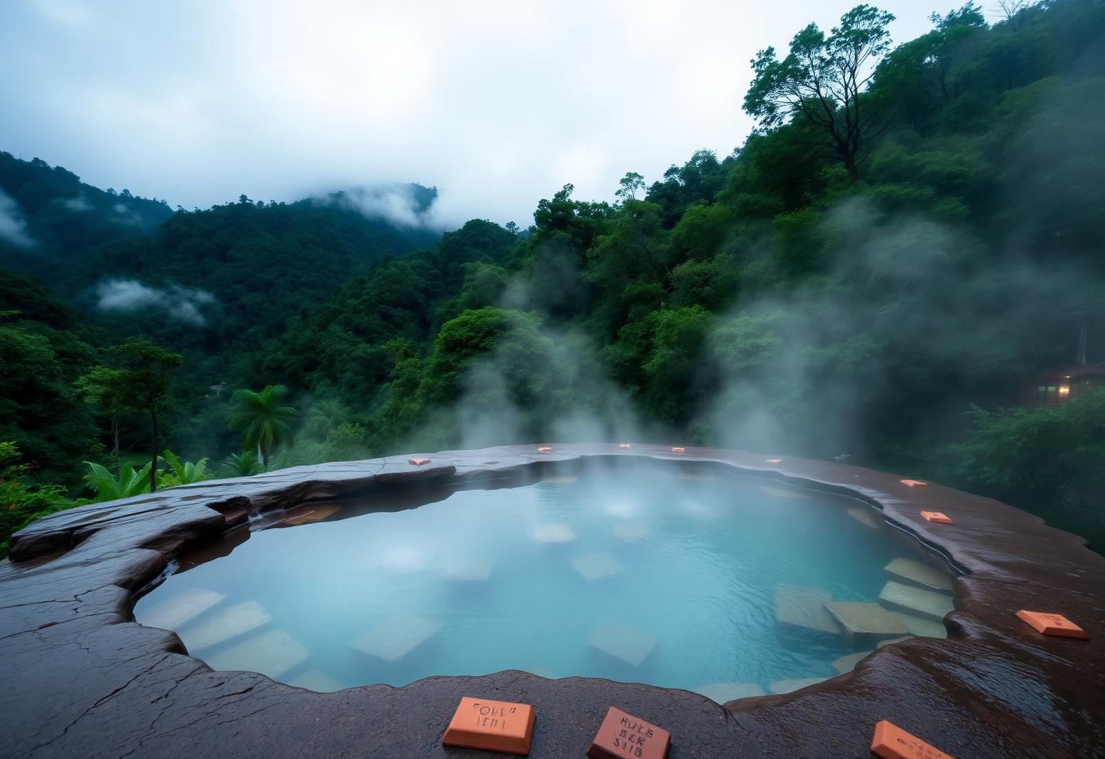 A natural rock hot spring pool set in Taiwan's jungle mountains