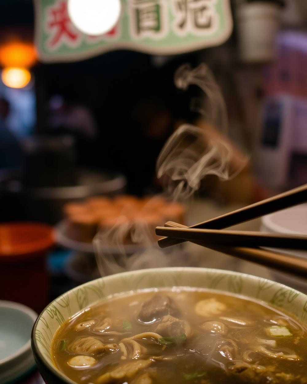 Steam rising from a bowl of noodles at a Taiwanese night market