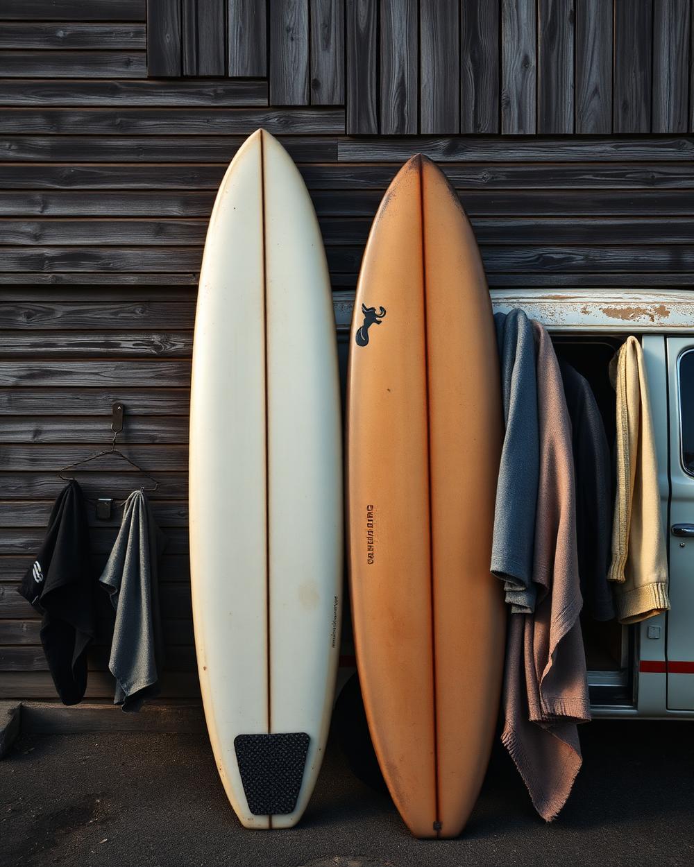Weathered surfboards leaning against a wooden wall